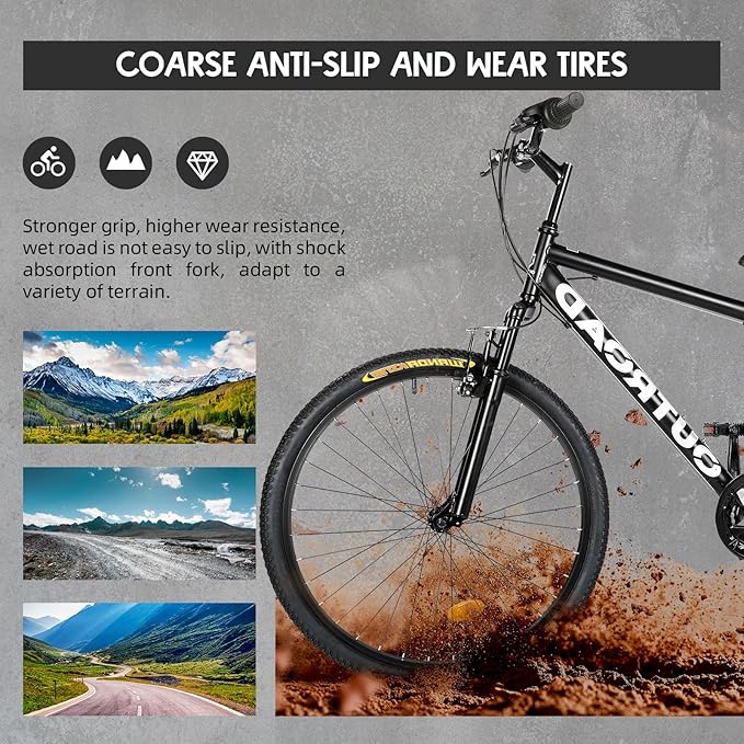 26-inch Mountain Bike, Iron Frame, 7/21-Speed Front and Rear V-Brakes MTB with Lock-Out Suspension Fork for Men and Women Black