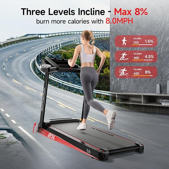 RHYTHM FUN Treadmill with Incline, 8.0 MPH Treadmills for Home with 8% Incline, Foldable Treadmill with Handles, Low Noise Walking Pad for 300 lbs