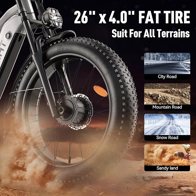 Dual Motor Electric Bike Peak 3000W, 52V 20AH Battery E Bike for Adults 26 Inch Fat Tire Mountain Electric Bicycle 38 MPH, Full Suspension Dual Hydraulic Disc Brake, Up to 90 Miles Range