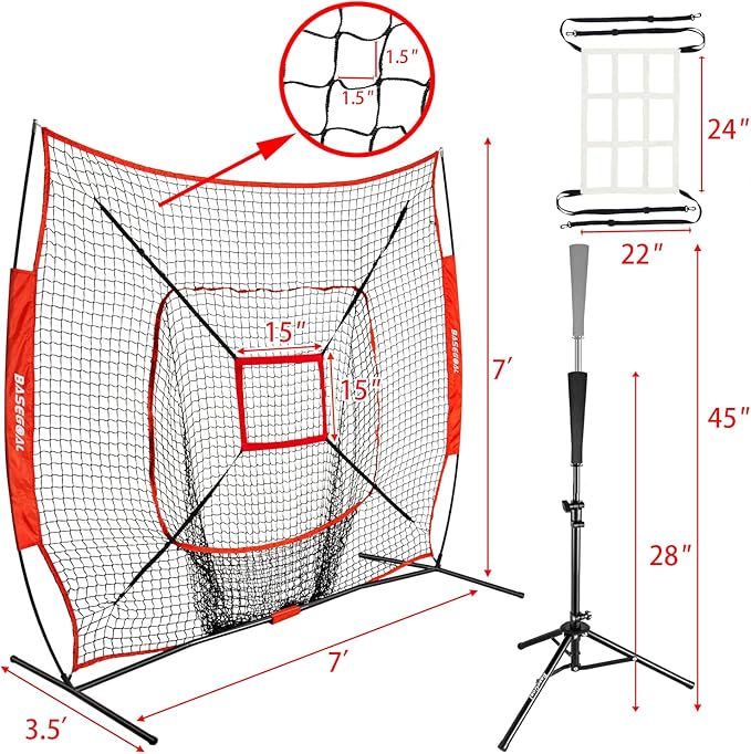 7'×7' Baseball Softball Practice Net,Baseball Backstop,with Batting Tee,for Hitting Pitching Batting Catching with Bow Frame,Bonus Strike Zone