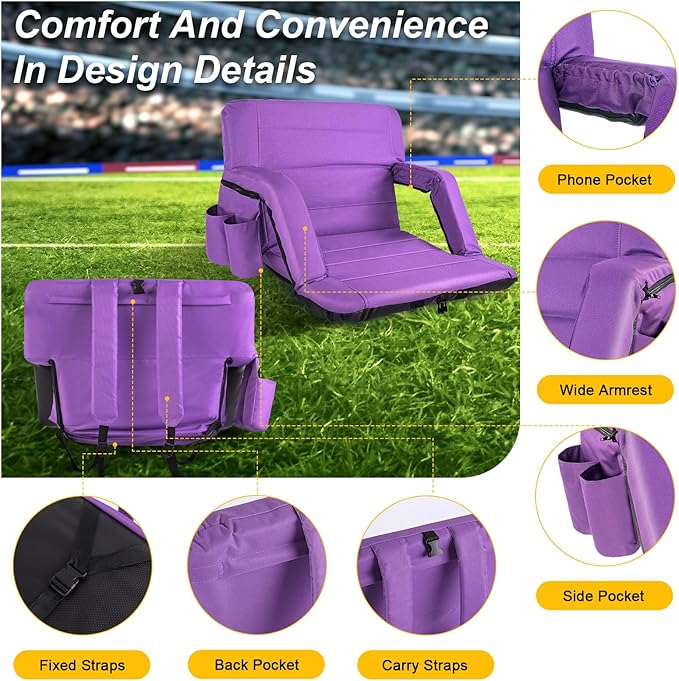 Stadium Seats with Back Support 2 Pack Wide, Exclusive Bleacher Chairs with Back and Cushion Folding Stadium Chairs, 6 Reclining Positions Waterproof Bleacher Seats (Wide|22.5" Purple)