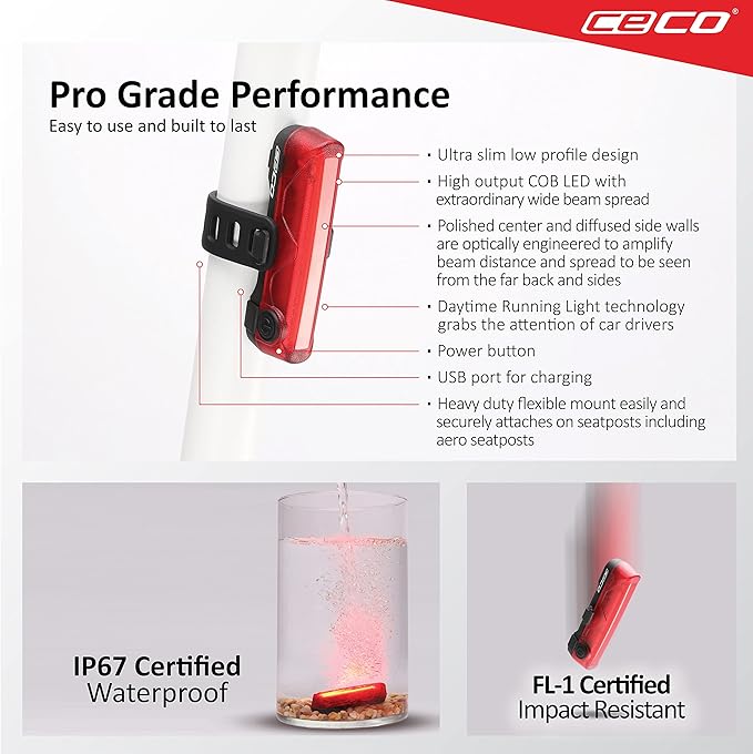 CECO-USA: 80 Lumen USB Rechargeable Bike Tail Light - Super Wide & Bright Model TC80 Bicycle Rear Light - IP67 Waterproof, FL-1 Impact Resistant - COB LED Red Safety Light - Pro Grade Bike Tail Light