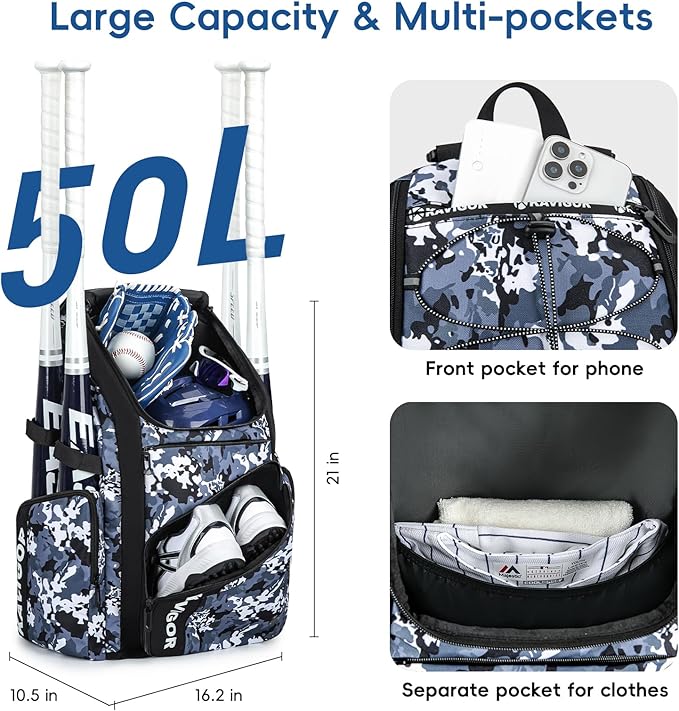 Baseball Bag for Youth and Adult, Softball Bag 50L Large Capacity Holds 4 Bats, Equipment Backpack with Shoes Compartment
