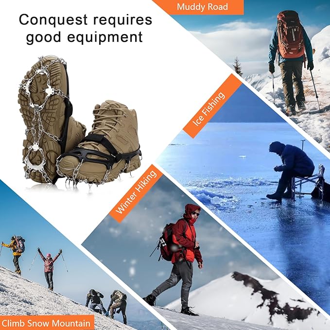 Crampons 19 Spikes with Stainless Steel Chain Ice Snow Grips Traction Cleats System Safe Protect for Walking, Jogging, Climbing, Hiking on Snow and Ice, Boots Chains for Women Men