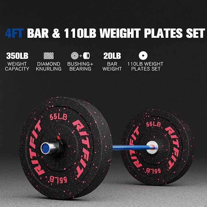 RitFit Barbell Weight Set - 4/6FT Olympic Barbell with Weight Plates (55-275LB Total) - Weightlifting Equipment for Squats, Curls, Deadlifts, Presses, Hip Thrusts