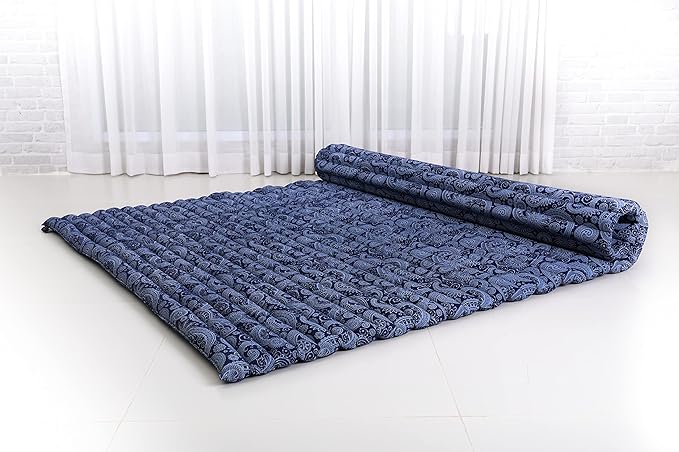 Leewadee - Foldable Floor Mattress - Japanese Roll Up Futon -Trifold Tatami Mat- Guest Floor Bed - Camping Mattress - Thai Massage Mat, Kapok Filled, 75 x 57 inches, Blue White
