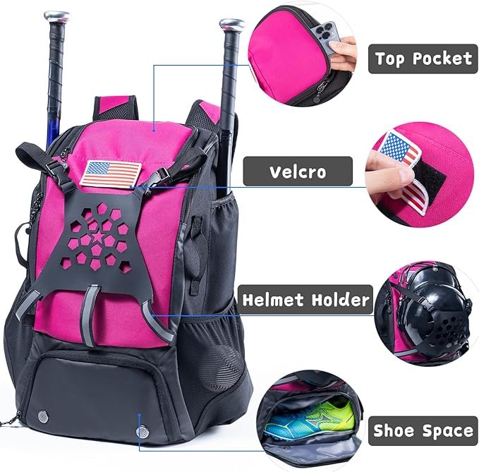 Baseball Backpack for Youth, Boys, Adults - Bat and Softball Equipment Bag With Glove Holder, Helmet, Shoes Compartment - T-Ball Accessories and Baseball Gifts