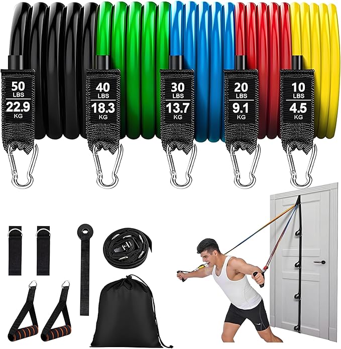 Resistance Bands Set with Door Anchor Training System, 5 Colors Stackable up to 150LBS, Includes 5-Angle Door Training Tool, Home Full Body Workout Bands, Handles, Ankle Straps, Portable Bag