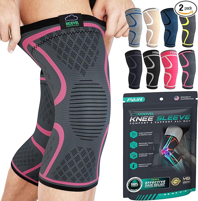 Modvel 2 Pack Knee Brace for Women & Men - Workout Knees Compression Sleeve for Knee Pain Relief Joint Support for ACL, Arthritis, Meniscus Tear Knees Brace for Sports, Rodilleras para Gym Fitness