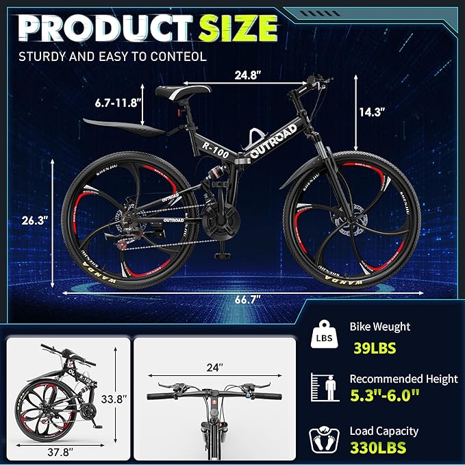 26 inch Folding Mountain Bike, Carbon Steel Frame and 21 Speed, Double Disc Brake and Dual Suspension Folding Bike for Adults/Men/Women, Easy Assembly Bicycle(Black/Green/Orange)