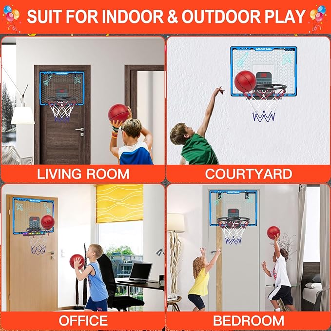 Awsoo Mini Basketball Hoop for Kids，Indoor Basketball Hoop with4 Basketballs, Colorful LED and Scoreboard, Mini Hoop Toys for 5 6 7 8 9 10 11 12 Year Old Boys Girls (Blue)