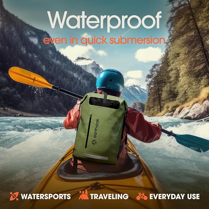 Earth Pak Waterproof Backpack - Heavy Duty Hiking Backpack - Roll-Top Closure Bag - Cushioned Dry Bag Waterproof Phone Case