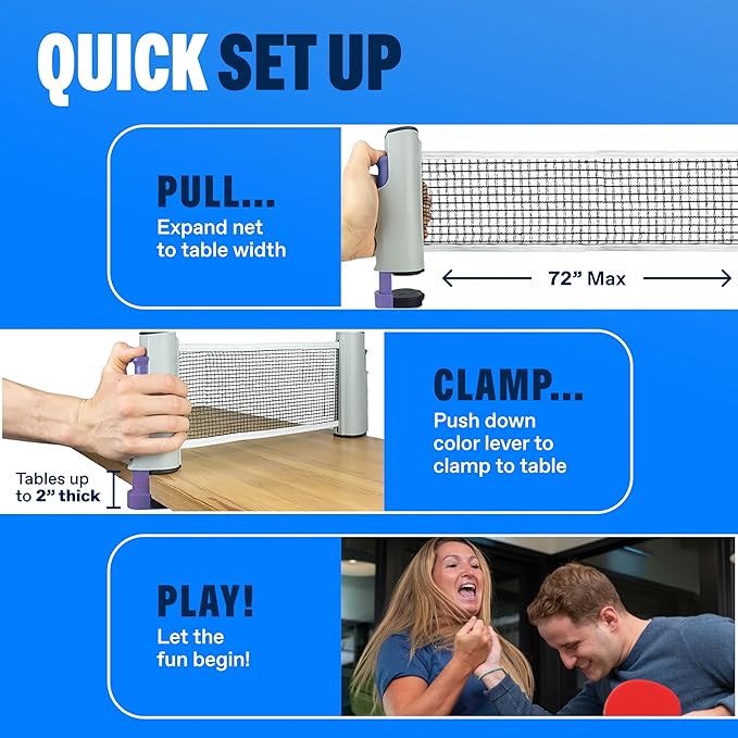 PRO SPIN Retractable Ping Pong Net – 72" Table Tennis Net with Clamps | Portable Ping Pong Net for Any Table | Includes Custom Mesh Storage Bag | Replacement Table Tennis Net Posts