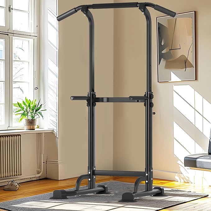 Dland Power Tower Pull Up Bar Dip Station and Height Adjustable Dip Bar Stand, Multi-Function Home Gym Exercise Equipment Strength Training Fitness Workout Station