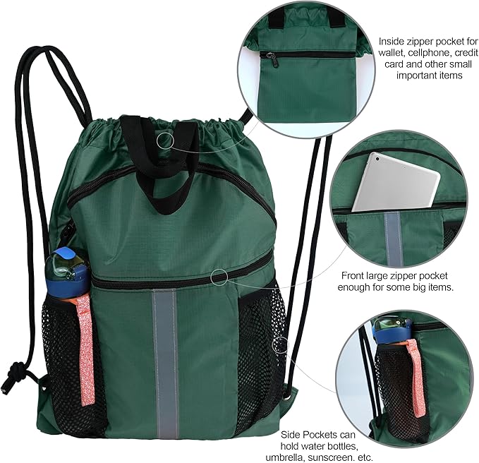 BeeGreen Drawstring Backpack Bag with Shoe Compartment, X-Large Black Gym Sports String Cinch Backpack