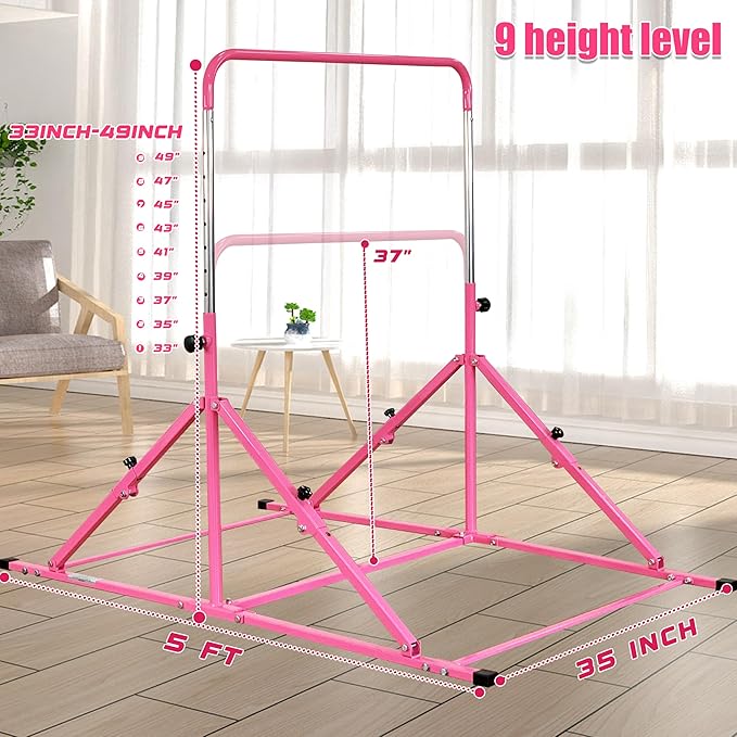 MARFULA Foldable Gymnastic Bar for Kids Ages 3-12, 9 Height Levels, 200 lbs Weight Capacity, 5 Ft Length Gymnastic Kip Bar with Mat, Gymnastic Equipment for Home and Gym Center Indoor Outdoor Use