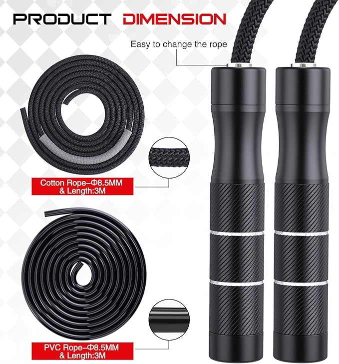Weighted Jump Rope for Men and Women 1 LB Ball Bearing Rapid Speed Skipping Rope for Workout Fitness Exercise Aluminum Handle Adjustable Length Fabric Cotton and Solid PVC