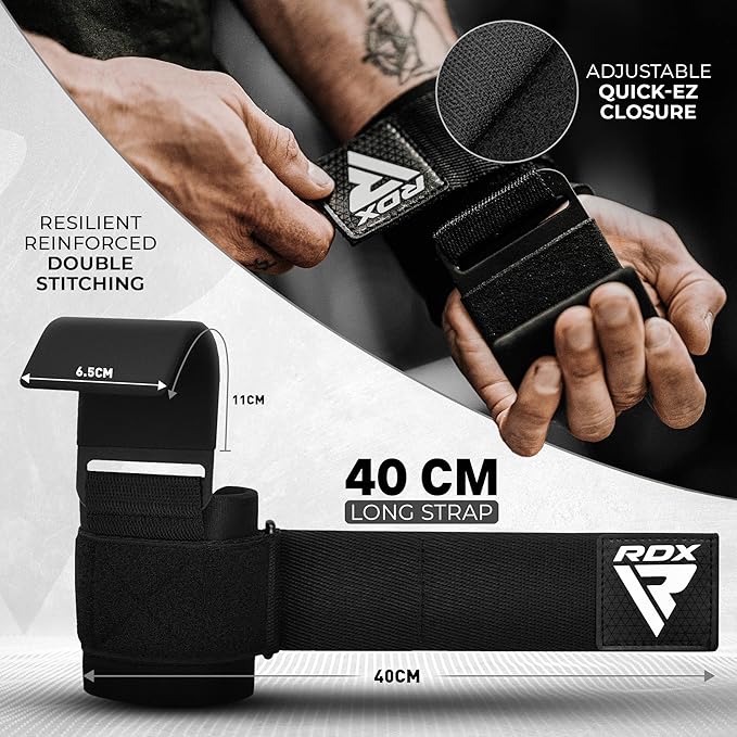 RDX Weight Lifting Hooks for Deadlifting (Pair) - 600Lbs Capacity - 8MM Neoprene Wrist Support Wraps - Grip Enhancer for Pull Ups Lat Pulldowns Rows - Adjustable Gym Workout Power Straps for Men Women