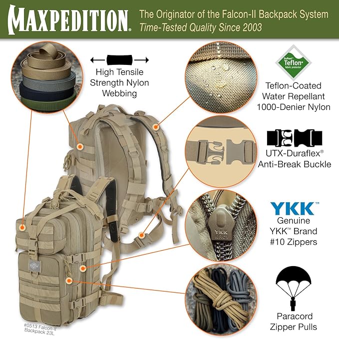 MAXPEDITION Falcon-II Backpack, 23L Tactical Backpack, Survival Pack, Bug Out Bag, MOLLE Go Bag for EDC, 0513
