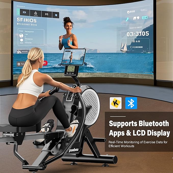 pooboo Rowing Machines for Home, Dual Wind & Magnetic Resistance, Foldable Row Machine 400 LB Weight Capacity, 14 Levels Resistance Quiet Rowers for at Home Exercise, App Supported