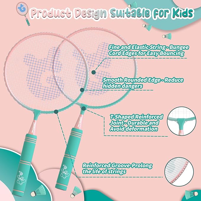 JOY SPOT! Kids Badminton Rackets Set with Soft Grip, Oversize & Lightweight Shuttlecocks Racquet with Carry Bag for Children Youth, 2 Player Sport Game for Indoor Outdoor Backyard