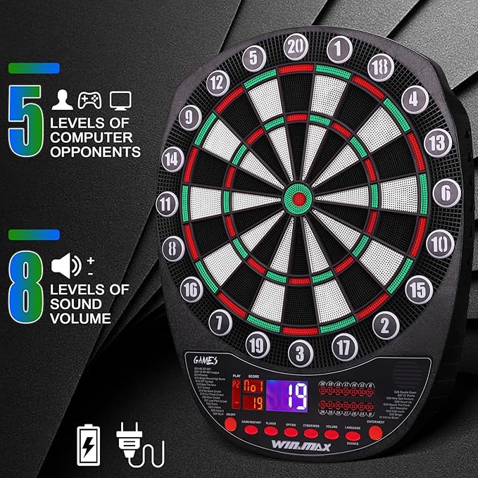 WIN.MAX Electronic Dart Board Soft Tip Dartboard Set LED Displays 3 Languages with 12 Darts 100 Tips Power Adapter