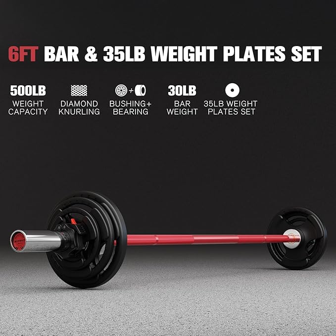 RitFit Barbell Weight Set - 4/6FT Olympic Barbell with Weight Plates (55-275LB Total) - Weightlifting Equipment for Squats, Curls, Deadlifts, Presses, Hip Thrusts