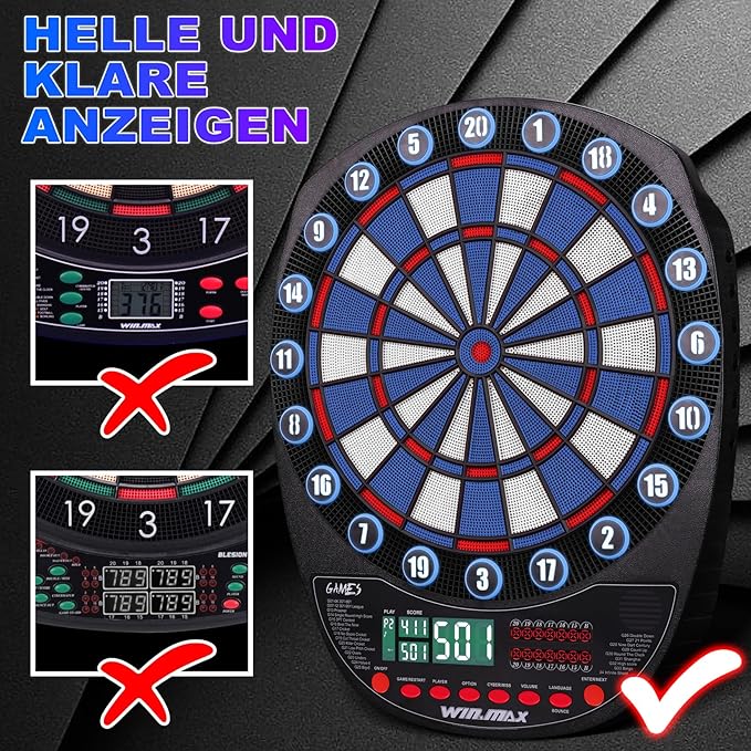 WIN.MAX Electronic Dart Board Soft Tip Dartboard Set LED Displays 3 Languages with 12 Darts 100 Tips Power Adapter
