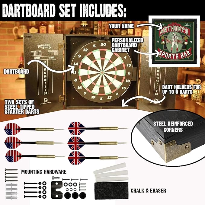 THOUSAND OAKS BARREL CO. | Personalized Dartboard & Cabinet Set with 6 Steel Tip Darts
