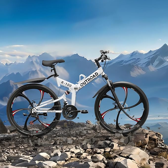 Outroad 26 Inch Folding Mountain Bike, 21 Speed Full Suspension High-Carbon Steel MTB Foldable Bicycle, Dual Disc Brake Non-Slip Folding Bikes for Adults/Men/Women, Black, Orange and Green