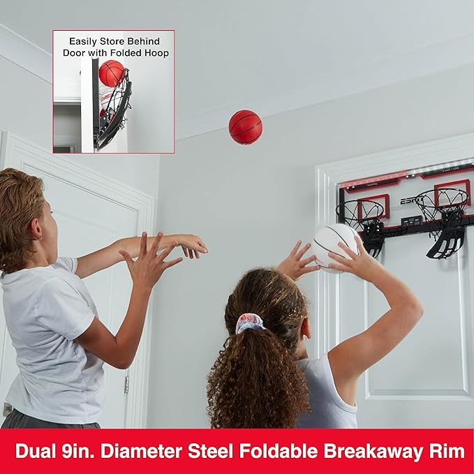ESPN Mini Basketball Hoop, Over The Door Basketball Hoop with 2 Foldable Breakaway Rims and Ball Return for Two Player Games, Includes 4 Mini Basketballs and Pump