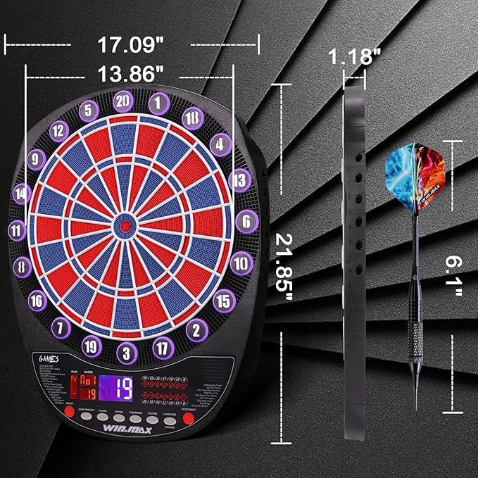 WIN.MAX Electronic Dart Board Soft Tip Dartboard Set LED Displays 3 Languages with 12 Darts 100 Tips Power Adapter