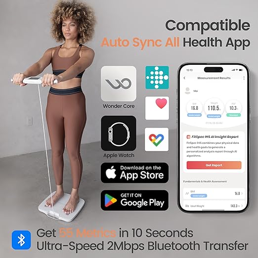 Wonder Core FitSpec Smart Body Fat Scale, Digital Bathroom Scale with 8 Electrodes for Accurate Weight, BMI, Muscle Mass & 55 Points Body Composition Analyzer