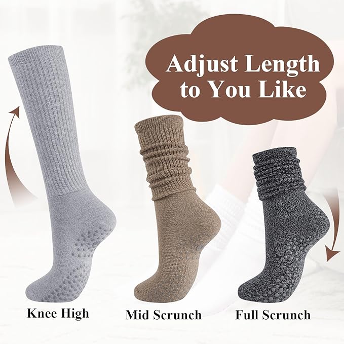 Grip Pilates Socks for Women, Yoga Slouch Socks with Grip for Barre Workout Hospital Long Scrunch Slipper Socks