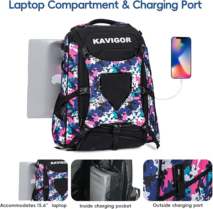 Baseball Bag for Youth and Adult, Softball Backpack 50L Large Capacity, Equipment Backpack with Laptop Compartment and Charge Port