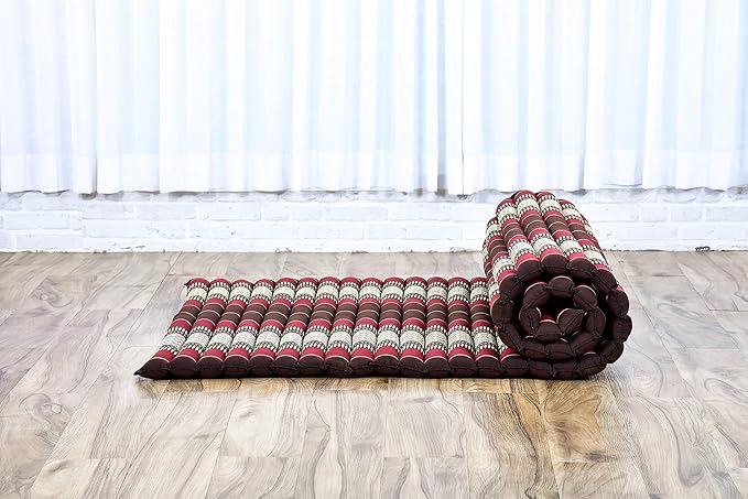 Leewadee - Kapok Roll Mat – Handcrafted Folding Sleep & Relaxation Mattress from Thailand, Ideal as Guest Bed, Camping Mat, Yoga Mat or Traditional Futon, 75 x 39 inches, Brown Red