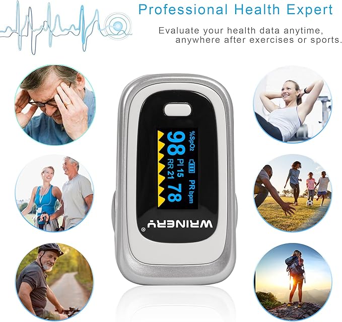 WRINERY Oxygen Saturation Monitor, Pulse Oximeter Fingertip, Oxygen Monitor, O2 Saturation Monitor, OLED Portable Oximetry with Batteries, Lanyard (Silver-White)