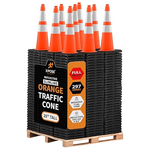 Xpose Safety 28 Inch Orange Traffic Cones 6" & 4" Collar - Bulk Full Pallet 297 Pack - Multipurpose PVC Plastic Safety Cone for Parking, Soccer, Caution, Kids, and Construction - DOT Approved