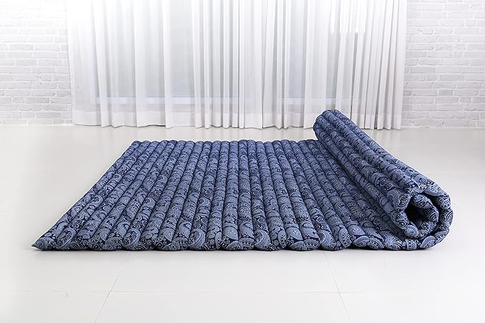 Leewadee - Foldable Floor Mattress - Japanese Roll Up Futon -Trifold Tatami Mat- Guest Floor Bed - Camping Mattress - Thai Massage Mat, Kapok Filled, 75 x 57 inches, Blue White