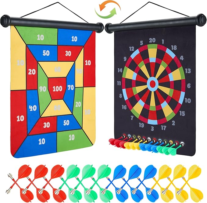 Magnetic Dart Board with 24pcs Darts,Indoor Outdoor Dart Game for Kids and Adults，2in1 Rollup Safe Dart Flights Toys Set for 3-12 Year Old Boys Girls Christmas Birthday Gifts