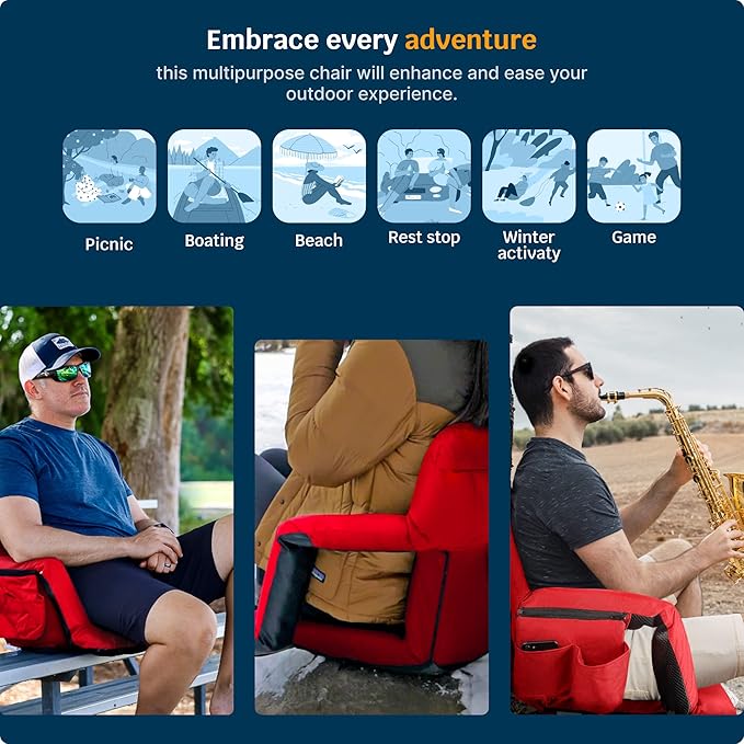 Alpcour Reclining Stadium Seat – Wide Bleacher Chair with Back Support and Cushion, Armrests, Side Pockets, and Bleachers Hook – Best Stadium Seats Chairs for Camping, Kayak, & Paddle Board Backs