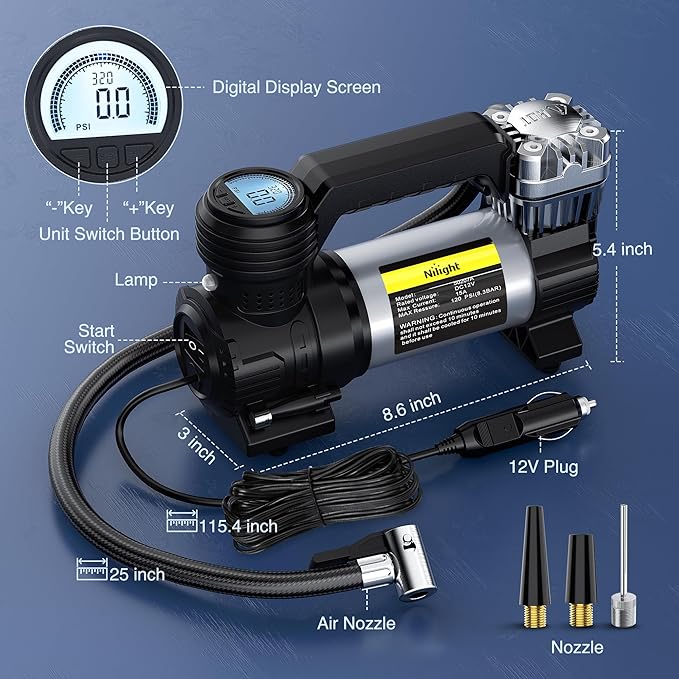 Nilight Portable Air Compressor Tire Inflator 12V Heavy Duty 120PSI Metal Pump Double Cylinder Digital Pressure Fast Inflate Auto Shutoff for Car SUV Motorcycle