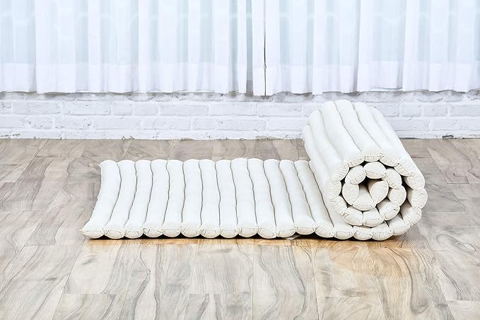 Leewadee - Kapok Roll Mat – Handcrafted Folding Sleep & Relaxation Mattress from Thailand, Ideal as Guest Bed, Camping Mat, Yoga Mat or Traditional Futon, 75 x 39 inches, Ecru