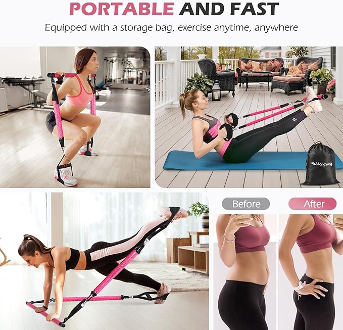 Upgraded Pilates Bar Kit with Resistance Bands Natural Latex for Women & Men, Heavy-Duty Stainless Steel Multifunctional Yoga Pilates Stick for Home Gym Exercise Fitness Equipment Full-Body Workouts