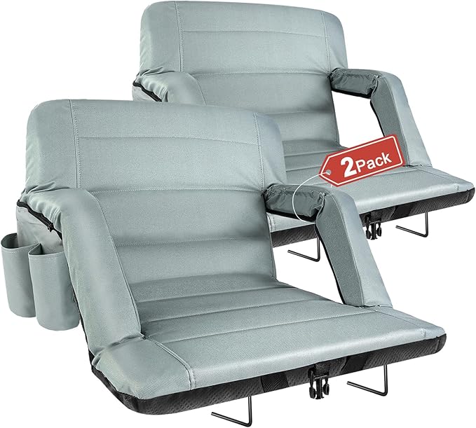 Extra Wide Stadium Seats With Back Support 2 Pack, Exclusive New Bleacher Chairs With Back and Cushion Folding Stadium Chairs, 6 Reclining Positions Waterproof Bleacher Seats (Extra Wide|25" Grey)