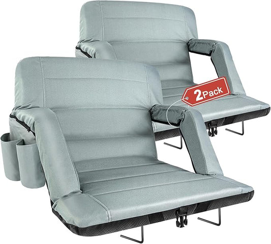 Extra Wide Stadium Seats With Back Support 2 Pack, Exclusive New Bleacher Chairs With Back and Cushion Folding Stadium Chairs, 6 Reclining Positions Waterproof Bleacher Seats (Extra Wide|25" Grey)