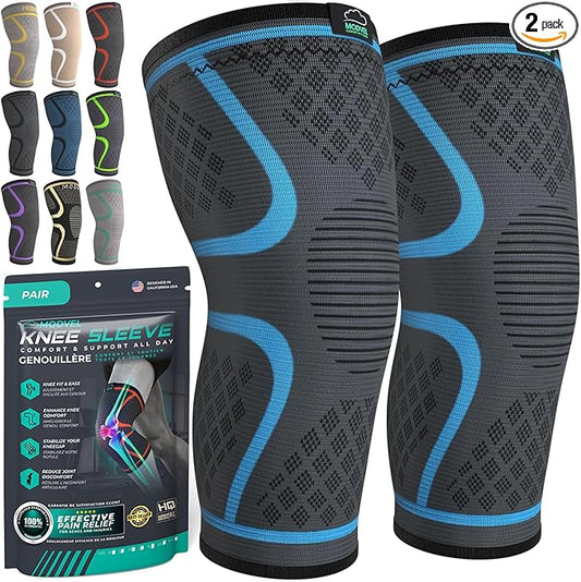Modvel Compression Knee Brace for Women & Men, 2-Pack Knee Brace for Running Knee Pain, Knee Support Compression Sleeve, Workout Sports Knee Braces for Meniscus Tear, ACL & Arthritis Pain Relief