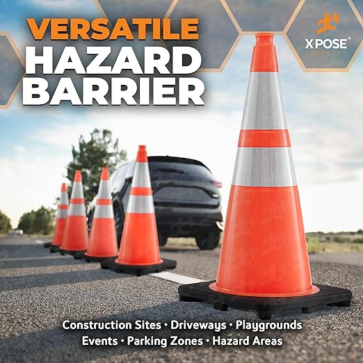 Xpose Safety 28 Inch Orange Traffic Cones with 6" & 4" Collars, 1-Pack - Multipurpose PVC Plastic Safety Cone for Parking, Soccer, Caution, Kids and Construction - DOT Approved