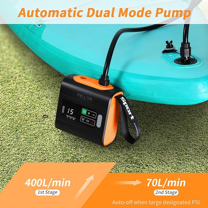 PELLOR Electric Paddle Board Pump, 22PSI High Pressure SUP Electric Air Pump,Intelligent Dual Stage Inflation & Deflation, Auto-Off Air Pump for Stand Up Paddle Boards, Kayaks,Mattress,Tents