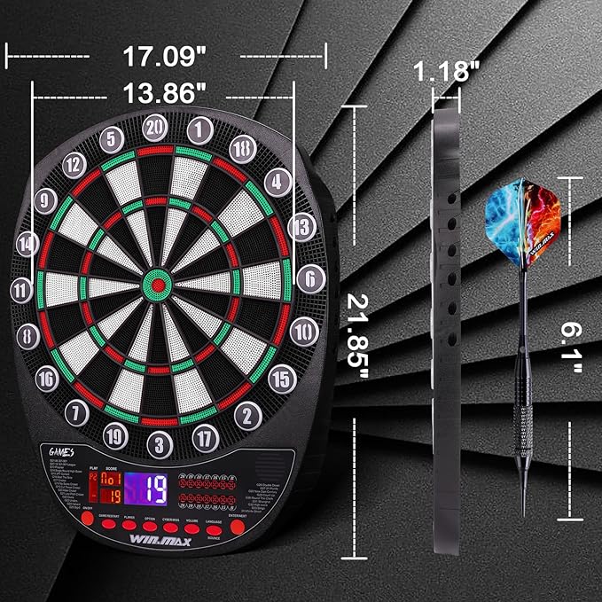 WIN.MAX Electronic Dart Board Soft Tip Dartboard Set LED Displays 3 Languages with 12 Darts 100 Tips Power Adapter